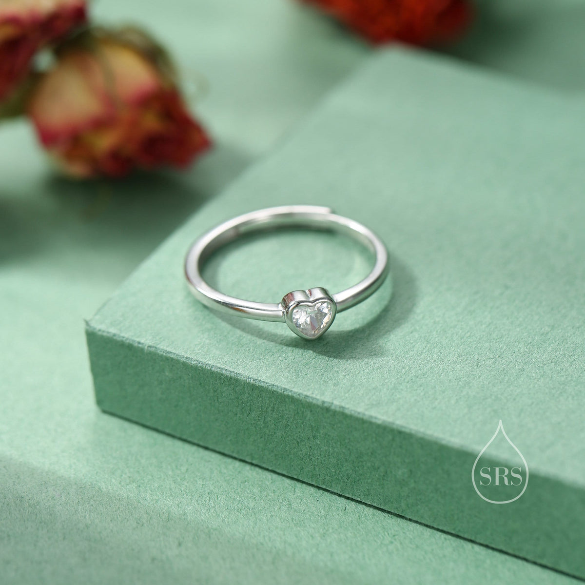 Sterling Silver Very Tiny CZ Heart Ring, Adjustable Size, Small Heart Ring, Tiny Heart Ring, Tiny CZ Heart Ring