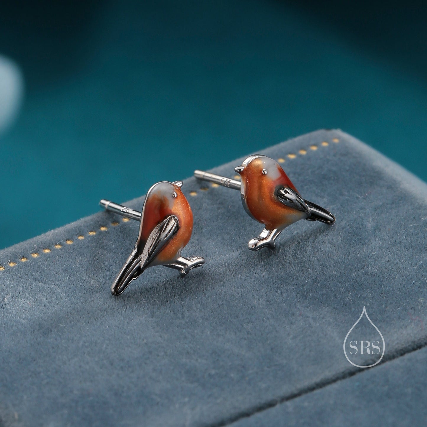 Hand Painted Robin Bird Stud Earrings in Sterling Silver, Dainty British Bird Earrings, Nature Inspired Animal Earrings