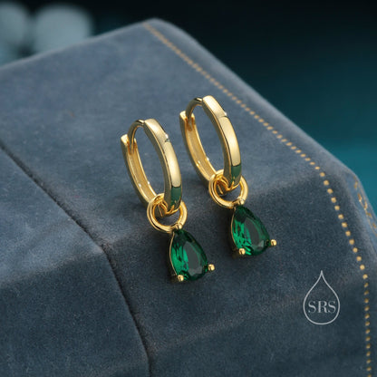 Sterling Silver Emerald Green CZ Droplet Hoop Earrings, Silver, Gold or Rose Gold, Pear Cut Drop Earrings, Interchangeable Charms