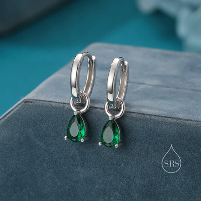 Sterling Silver Emerald Green CZ Droplet Hoop Earrings, Silver, Gold or Rose Gold, Pear Cut Drop Earrings, Interchangeable Charms