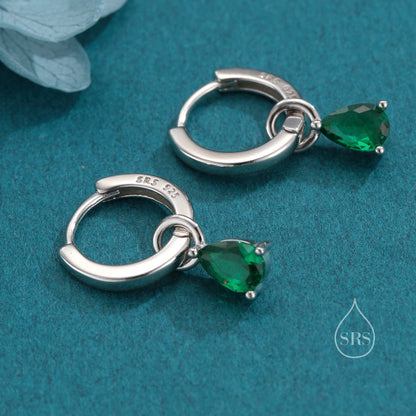 Sterling Silver Emerald Green CZ Droplet Hoop Earrings, Silver, Gold or Rose Gold, Pear Cut Drop Earrings, Interchangeable Charms