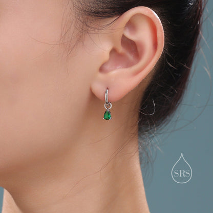 Sterling Silver Emerald Green CZ Droplet Hoop Earrings, Silver, Gold or Rose Gold, Pear Cut Drop Earrings, Interchangeable Charms