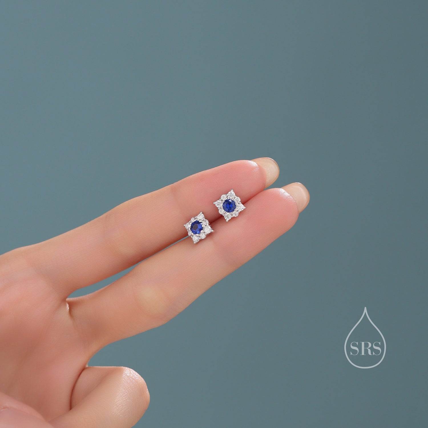 Tiny Sapphire Blue CZ Halo Stud Earrings in Sterling Silver, Silver or Gold, Vintage Inspired, Tiny CZ Stud Earrings, September Birthstone