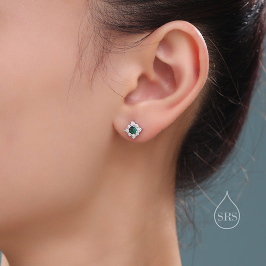 Tiny Emerald Green CZ Halo Stud Earrings in Sterling Silver, Silver or Gold, Vintage Inspired, Tiny CZ Stud Earrings, May Birthstone