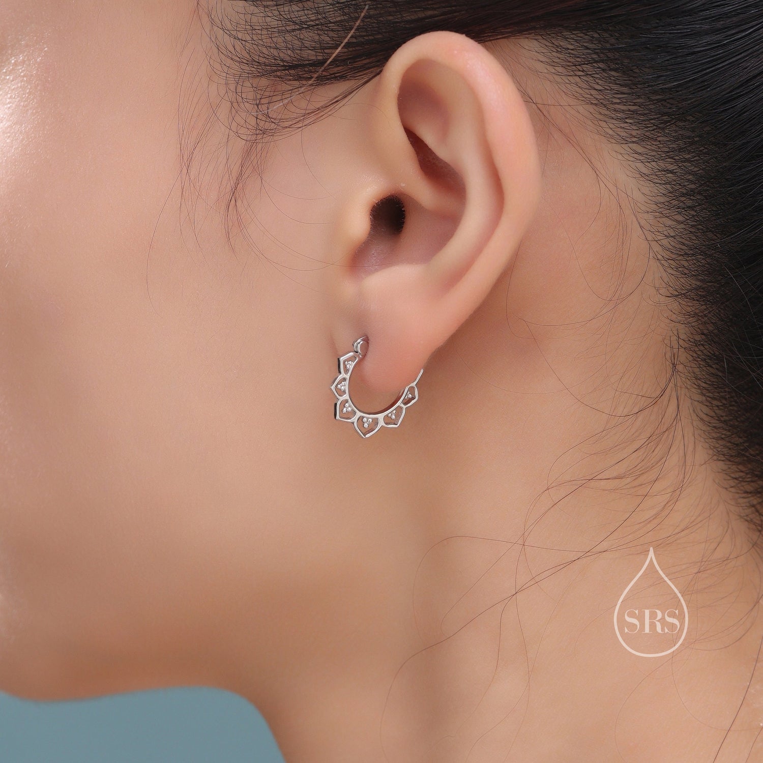Lotus Flower Hoop Earrings in Sterling Silver, Silver or Gold, Vintage Inspired Design, Lace Hoop Earrings