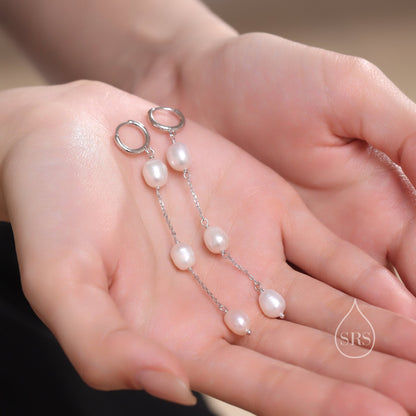 Natural Oval Pearl Trio Long Dangle Huggie Hoop Earrings in Sterling Silver, Silver or Gold or Rose Gold,  Genuine Freshwater Pearls