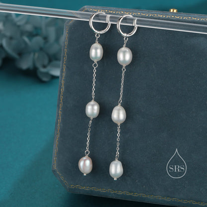 Natural Oval Pearl Trio Long Dangle Huggie Hoop Earrings in Sterling Silver, Silver or Gold or Rose Gold,  Genuine Freshwater Pearls