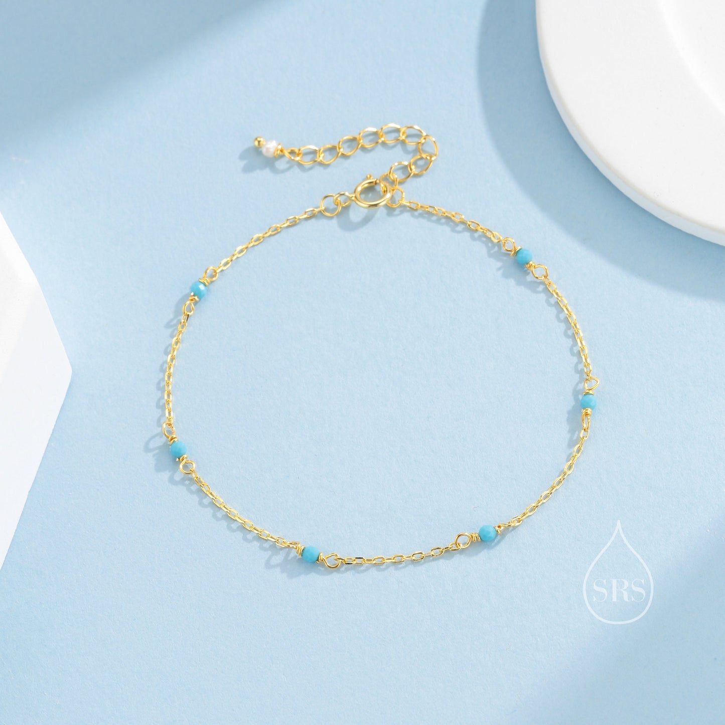 2mm Turquoise Beaded Satellite Chain Bracelet in Sterling Silver, Silver or Gold,  Minimalist Geometric Style