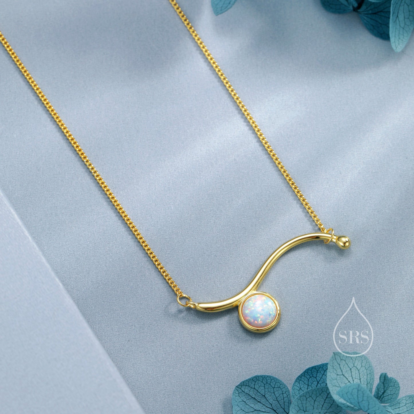 Opal Wave Pendant Necklace in Sterling Silver with White Opal, Silver or Gold, Opal Wave Necklace, Lab Opal Necklace