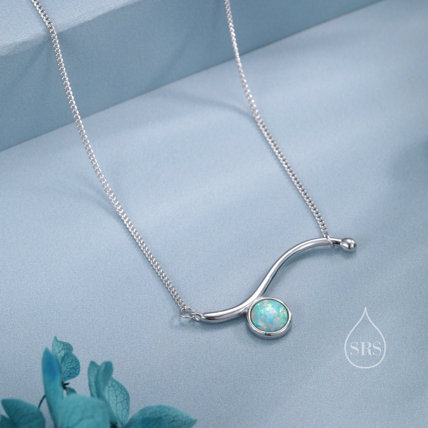 Aqua Green Opal Wave Pendant Necklace in Sterling Silver, Silver or Gold, Opal Wave Necklace, Lab Opal Necklace