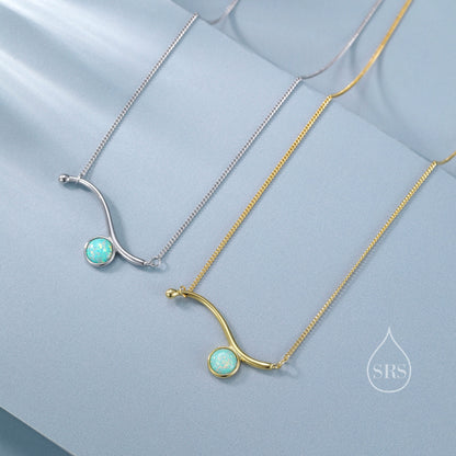 Aqua Green Opal Wave Pendant Necklace in Sterling Silver, Silver or Gold, Opal Wave Necklace, Lab Opal Necklace