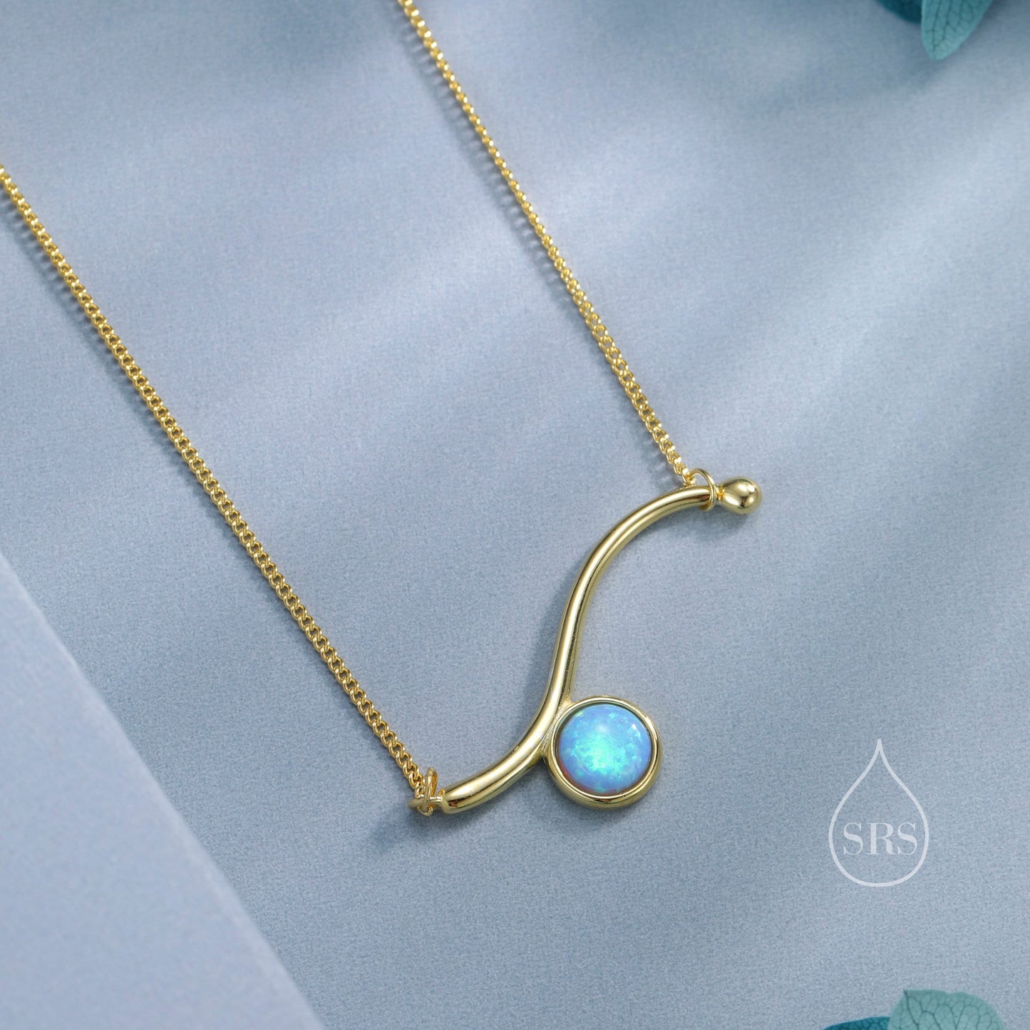 Blue Opal Wave Pendant Necklace in Sterling Silver, Silver or Gold, Opal Wave Necklace, Lab Opal Necklace