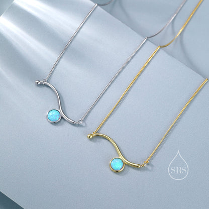 Blue Opal Wave Pendant Necklace in Sterling Silver, Silver or Gold, Opal Wave Necklace, Lab Opal Necklace