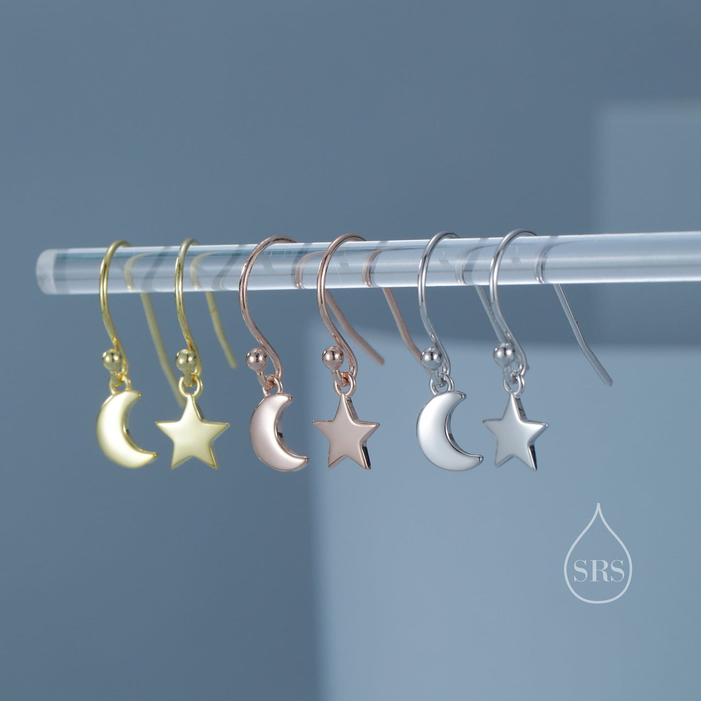 Asymmetric Moon and Star Dangle Drop Hook Earrings in Sterling Silver, Silver or Gold or Rose Gold, Tiny Moon and Star Dangle Earrings