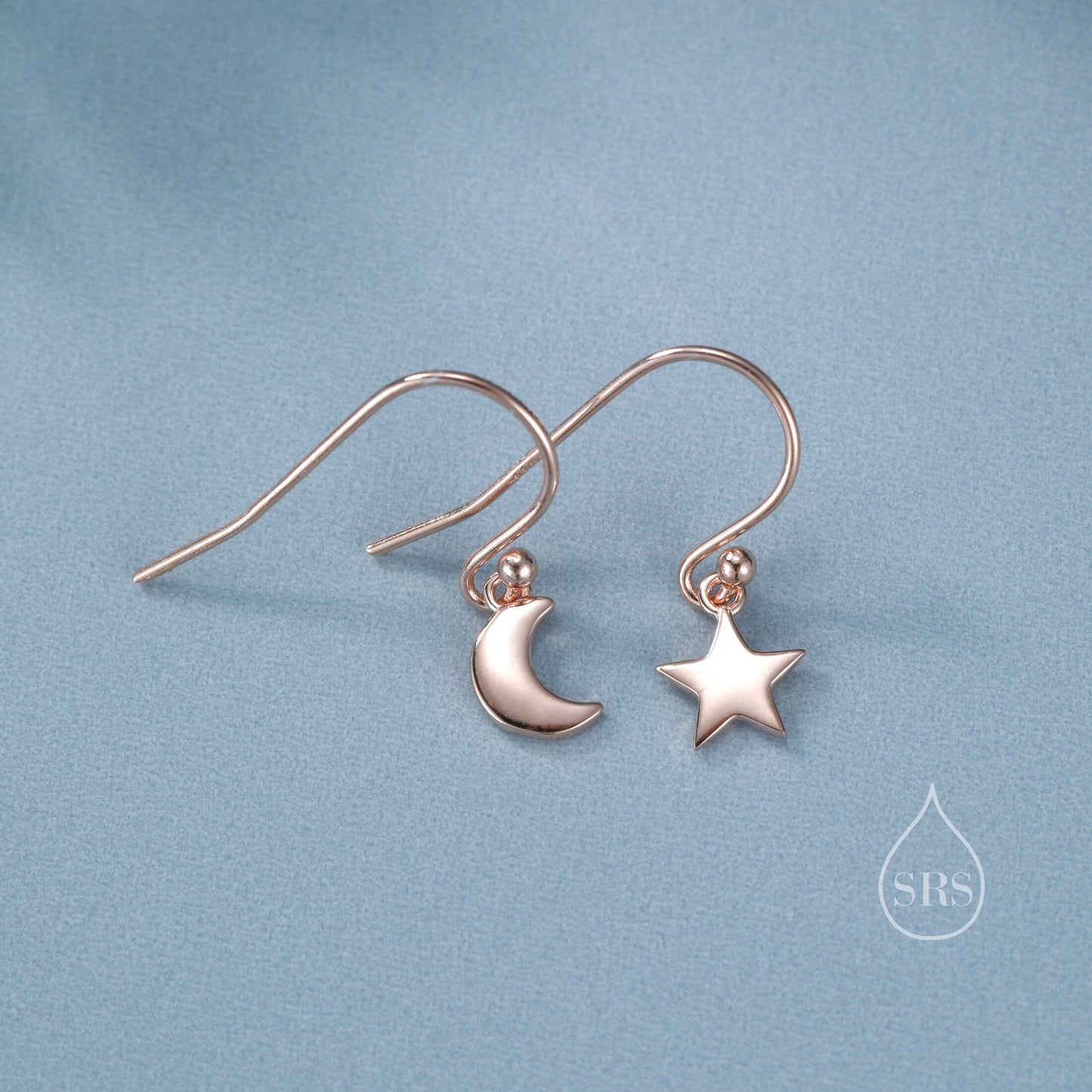 Asymmetric Moon and Star Dangle Drop Hook Earrings in Sterling Silver, Silver or Gold or Rose Gold, Tiny Moon and Star Dangle Earrings