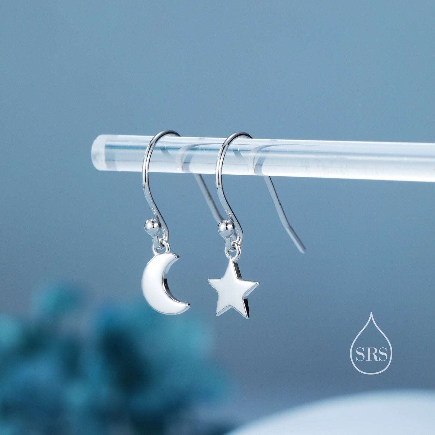 Asymmetric Moon and Star Dangle Drop Hook Earrings in Sterling Silver, Silver or Gold or Rose Gold, Tiny Moon and Star Dangle Earrings