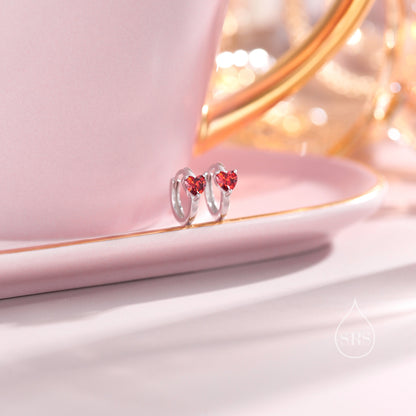 Delicate Garnet Red CZ Heart Huggie Hoop in Sterling Silver, Silver or Gold Garnet Red Hoops, 8mm Inner Diameter, Stacking Earrings,