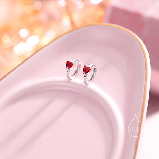 Delicate Garnet Red CZ Heart Huggie Hoop in Sterling Silver, Silver or Gold Garnet Red Hoops, 8mm Inner Diameter, Stacking Earrings,