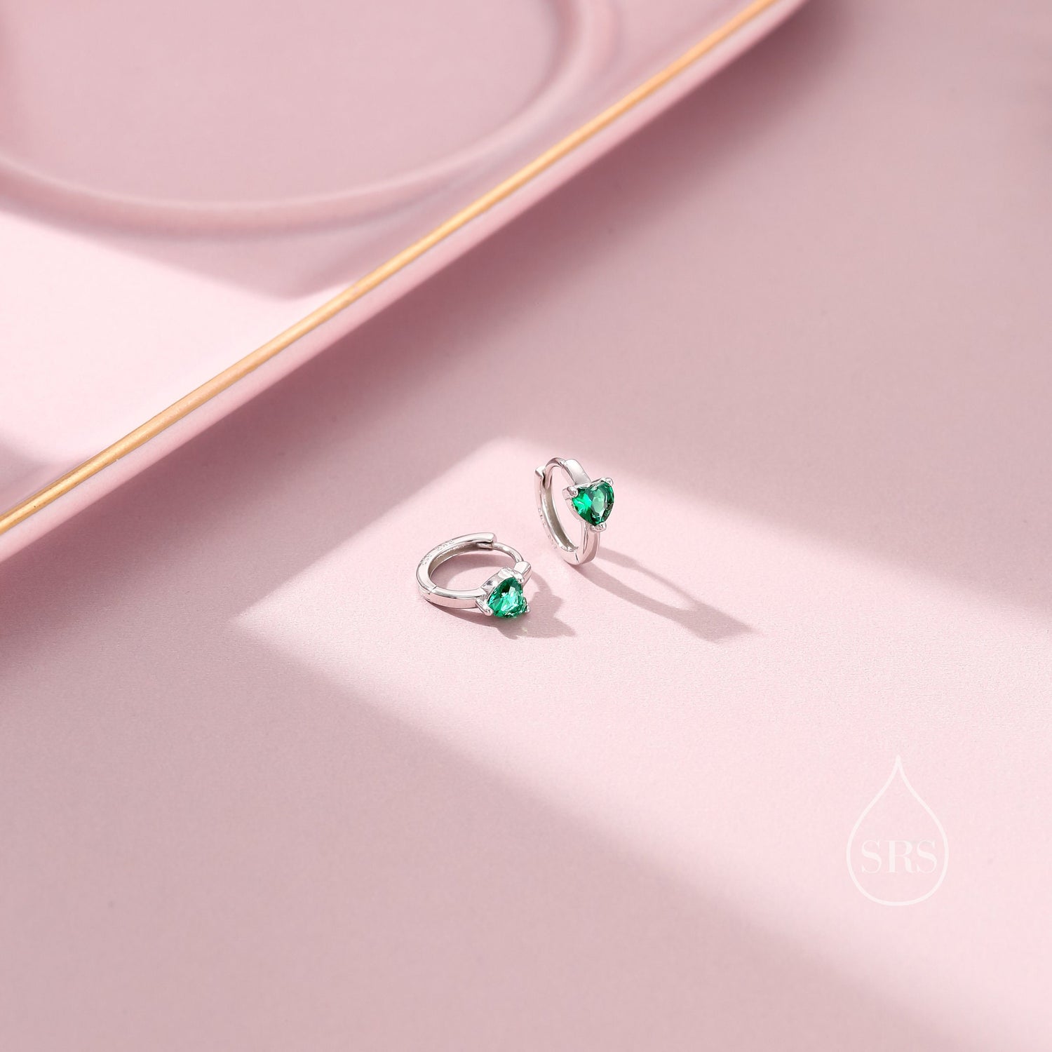 Delicate Emerald Green CZ Heart Huggie Hoop in Sterling Silver, Silver or Gold Green Hoops, 8mm Inner Diameter, Stacking Earrings,