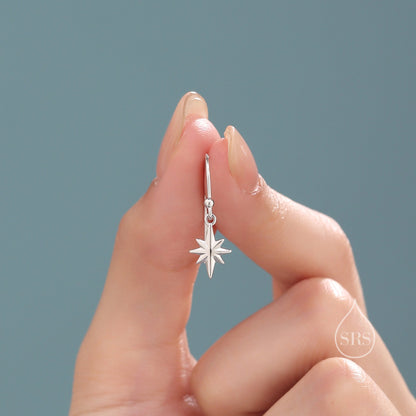 Minimalist Starburst Dangle Drop Hook Earrings in Sterling Silver, Silver or Gold or Rose Gold, Tiny North Star Dangle Earrings, Star