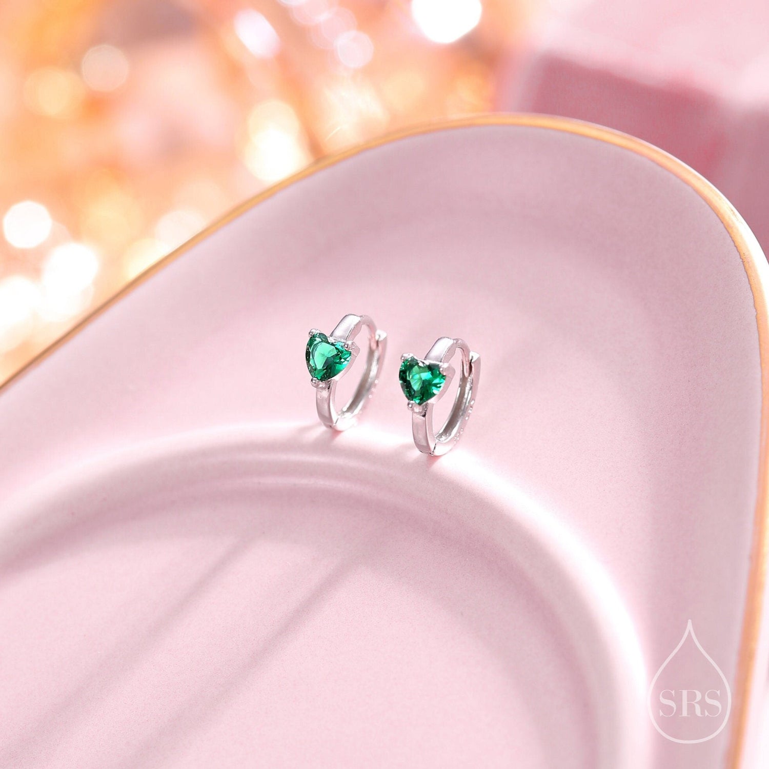 Delicate Emerald Green CZ Heart Huggie Hoop in Sterling Silver, Silver or Gold Green Hoops, 8mm Inner Diameter, Stacking Earrings,
