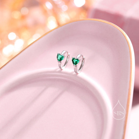 Delicate Emerald Green CZ Heart Huggie Hoop in Sterling Silver, Silver or Gold Green Hoops, 8mm Inner Diameter, Stacking Earrings,