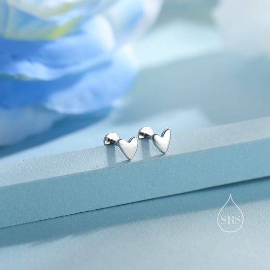 Tiny Heart Internally Threaded Flat Back/Screw back(Barbell)/ Stud Earrings in Sterling Silver, Piercing Jewellery, Heart Flat Back Earrings