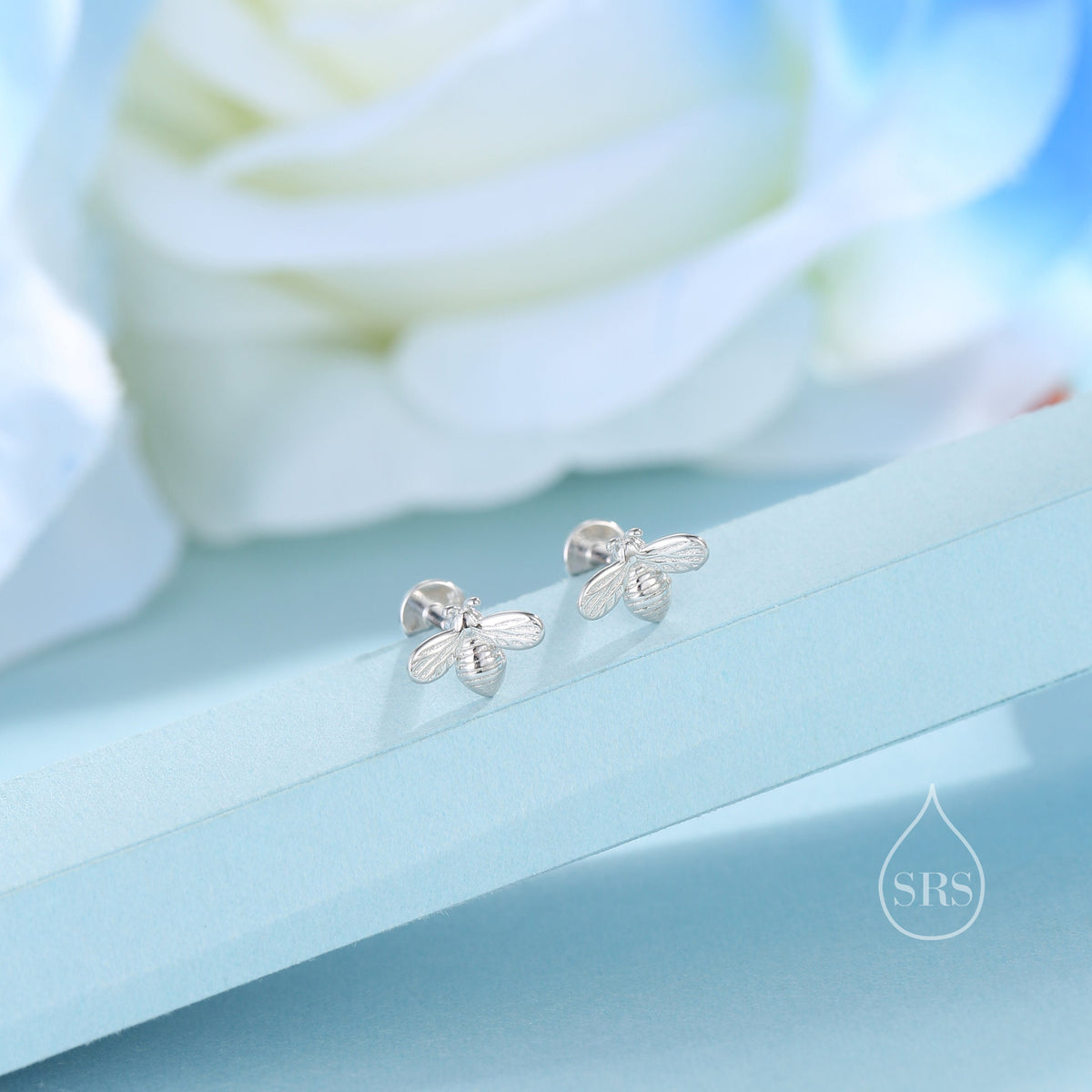 Tiny Bumble Bee 16G Internally Threaded Flat Back Earrings in Sterling Silver, Animal Earrings