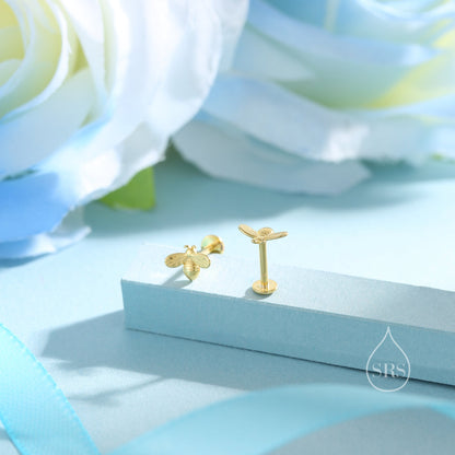 Tiny Bumble Bee Internally Threaded Flat Back/Screw back(Barbell)/ Stud Earrings in Sterling Silver, Piercing Jewellery, Bee Earrings