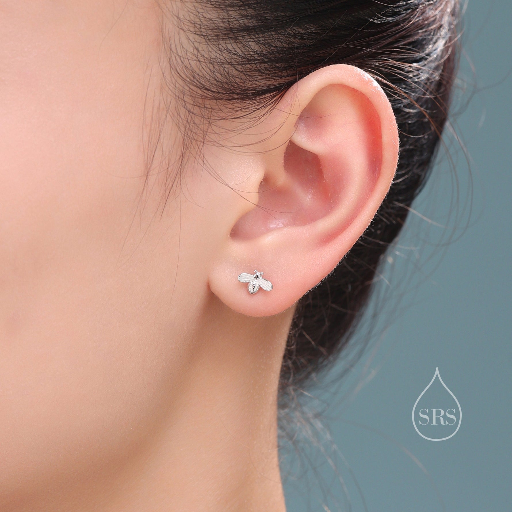 Tiny Bumble Bee 16G Internally Threaded Flat Back Earrings in Sterling Silver, Animal Earrings