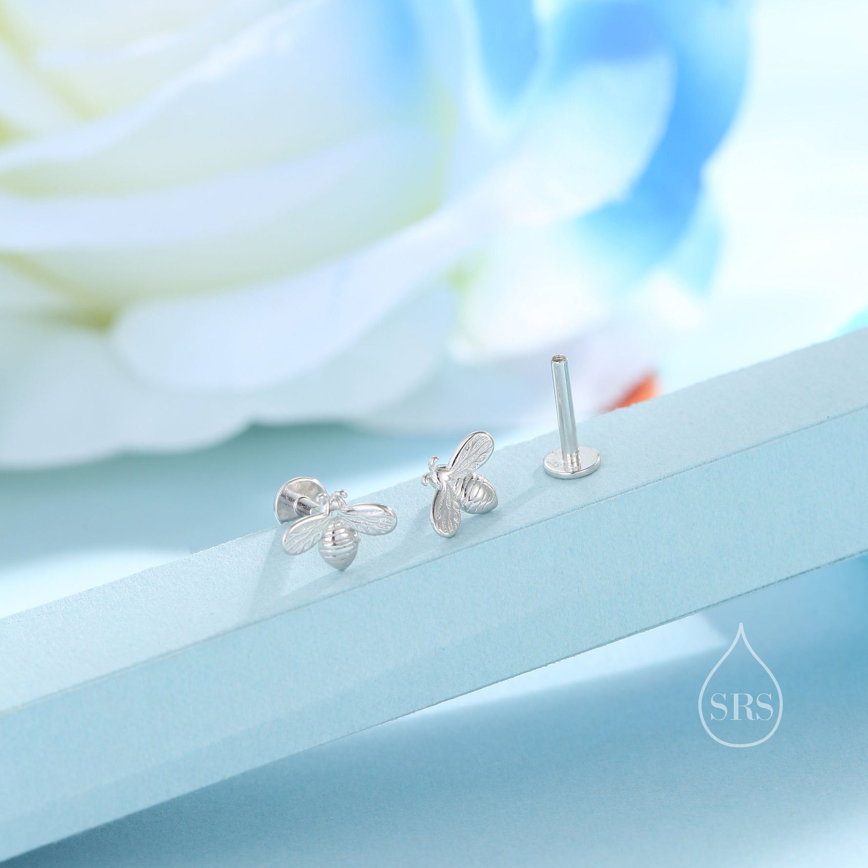 Tiny Bumble Bee 16G Internally Threaded Flat Back Earrings in Sterling Silver, Animal Earrings