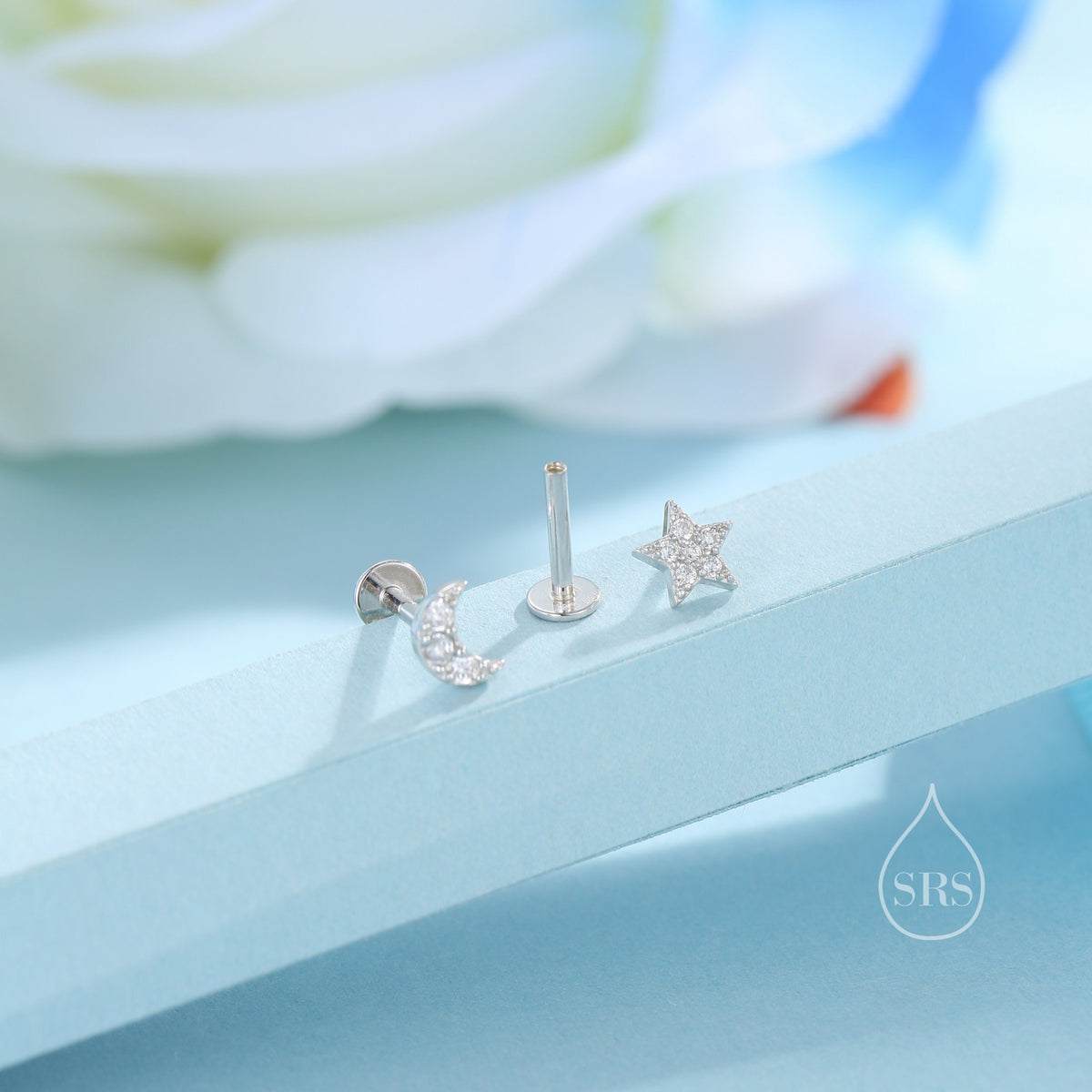 Tiny Mismatched Moon and Star 16G Internally Threaded Flat Back Earrings