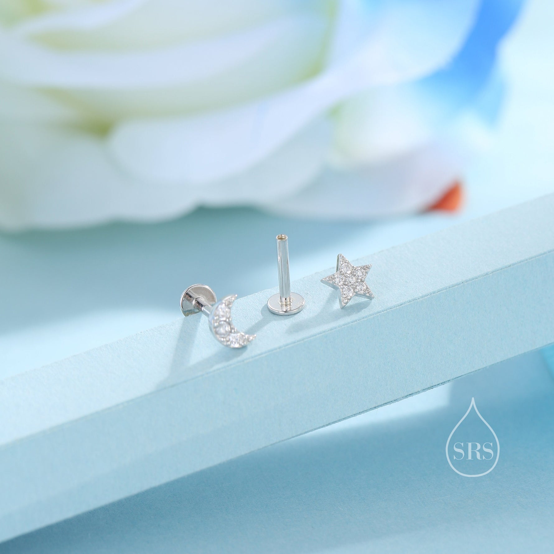 Tiny Mismatched Moon and Star 16G Internally Threaded Flat Back Earrings