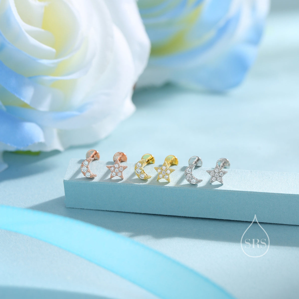 Tiny Mismatched Moon and Star 16G Internally Threaded Flat Back Earrings