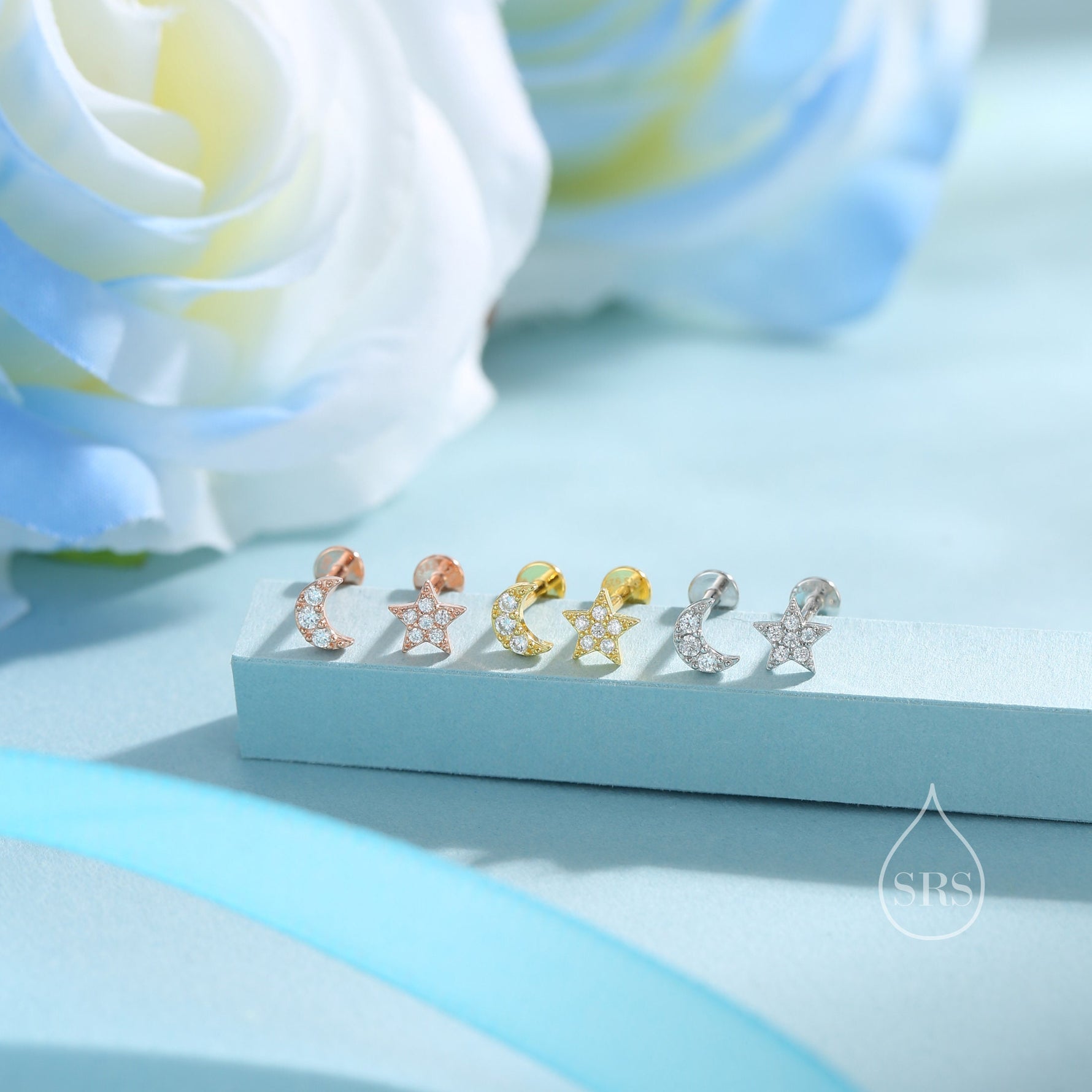 Tiny Mismatched Moon and Star 16G Internally Threaded Flat Back Earrings