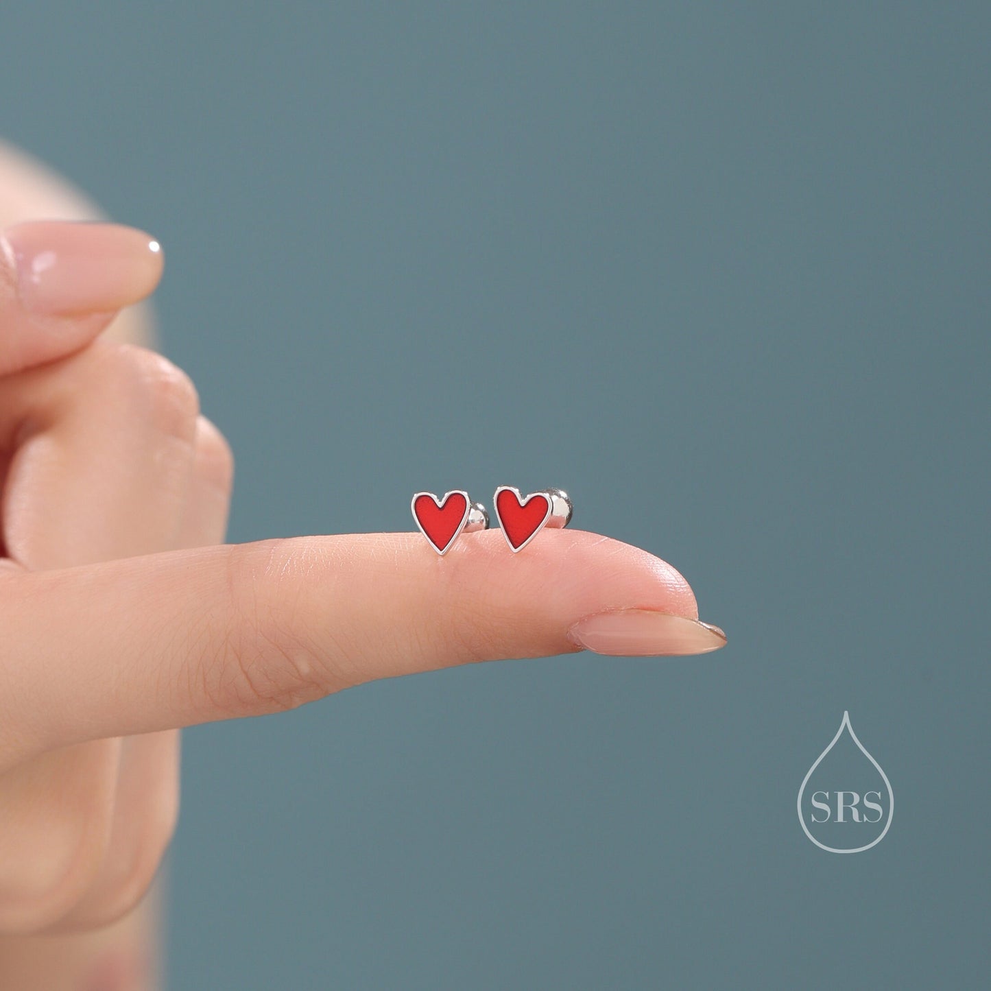 Red Enamel Glaze Heart Screwback Earrings in Sterling Silver, Delicate Heart Earrings, Heart Barbell Earrings, Screw Back