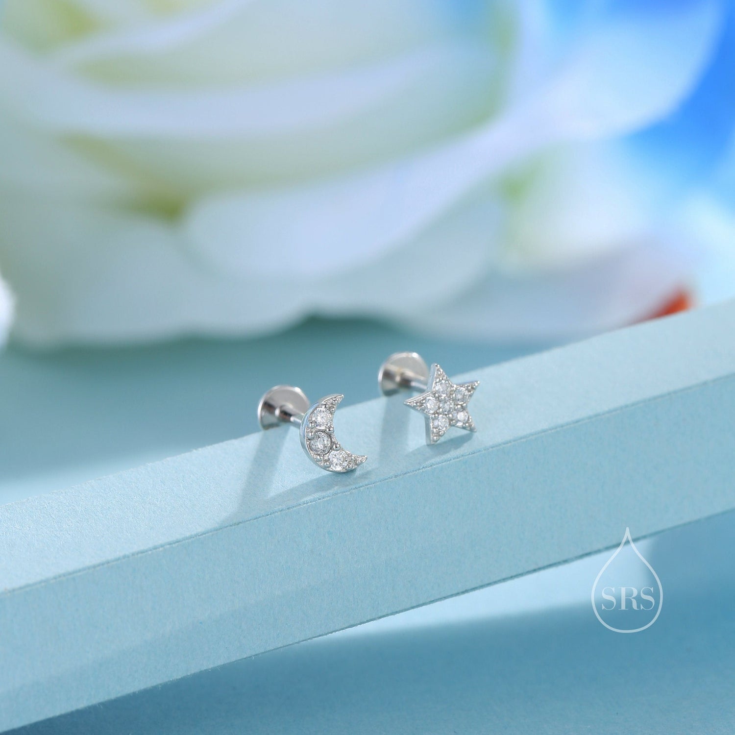 Tiny Mismatched Moon and Star 16G Internally Threaded Flat Back Earrings