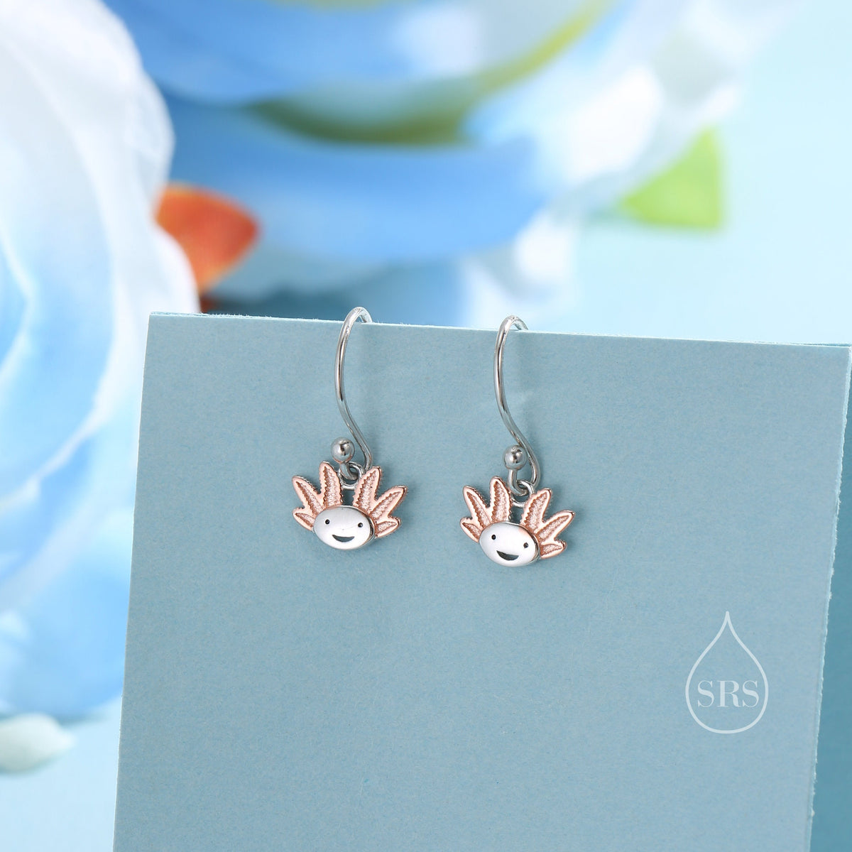 Axolotl Drop Hook Earrings in Sterling Silver - Sea Creature Dangle Drop Earrings - Pet Lover - Cute, Fun, Whimsical
