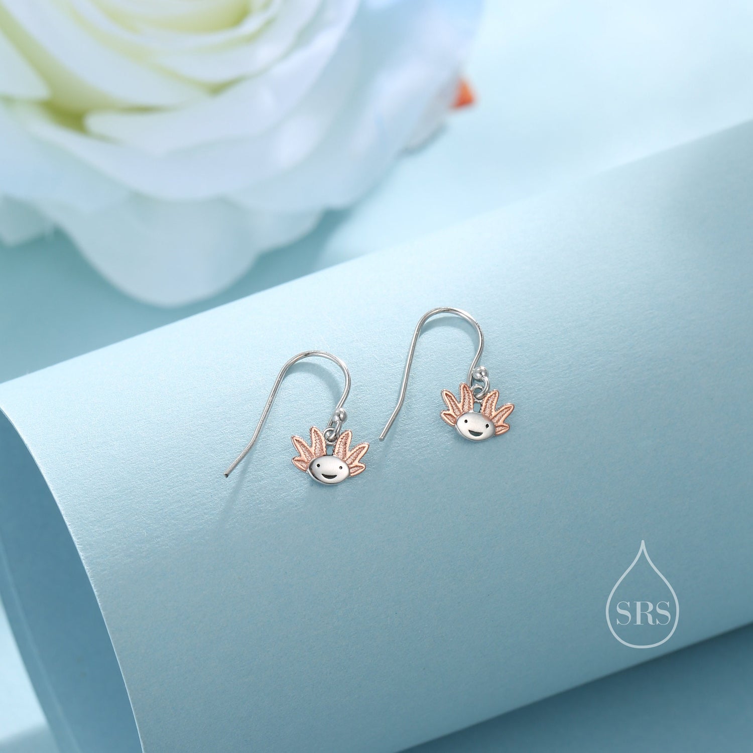 Axolotl Drop Hook Earrings in Sterling Silver - Sea Creature Dangle Drop Earrings - Pet Lover - Cute, Fun, Whimsical