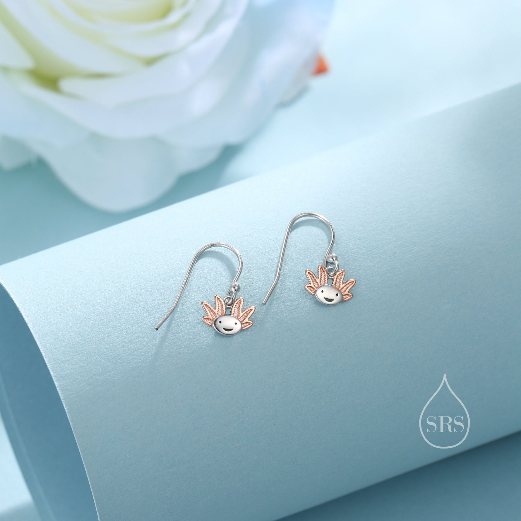 Axolotl Drop Hook Earrings in Sterling Silver - Sea Creature Dangle Drop Earrings - Pet Lover - Cute, Fun, Whimsical