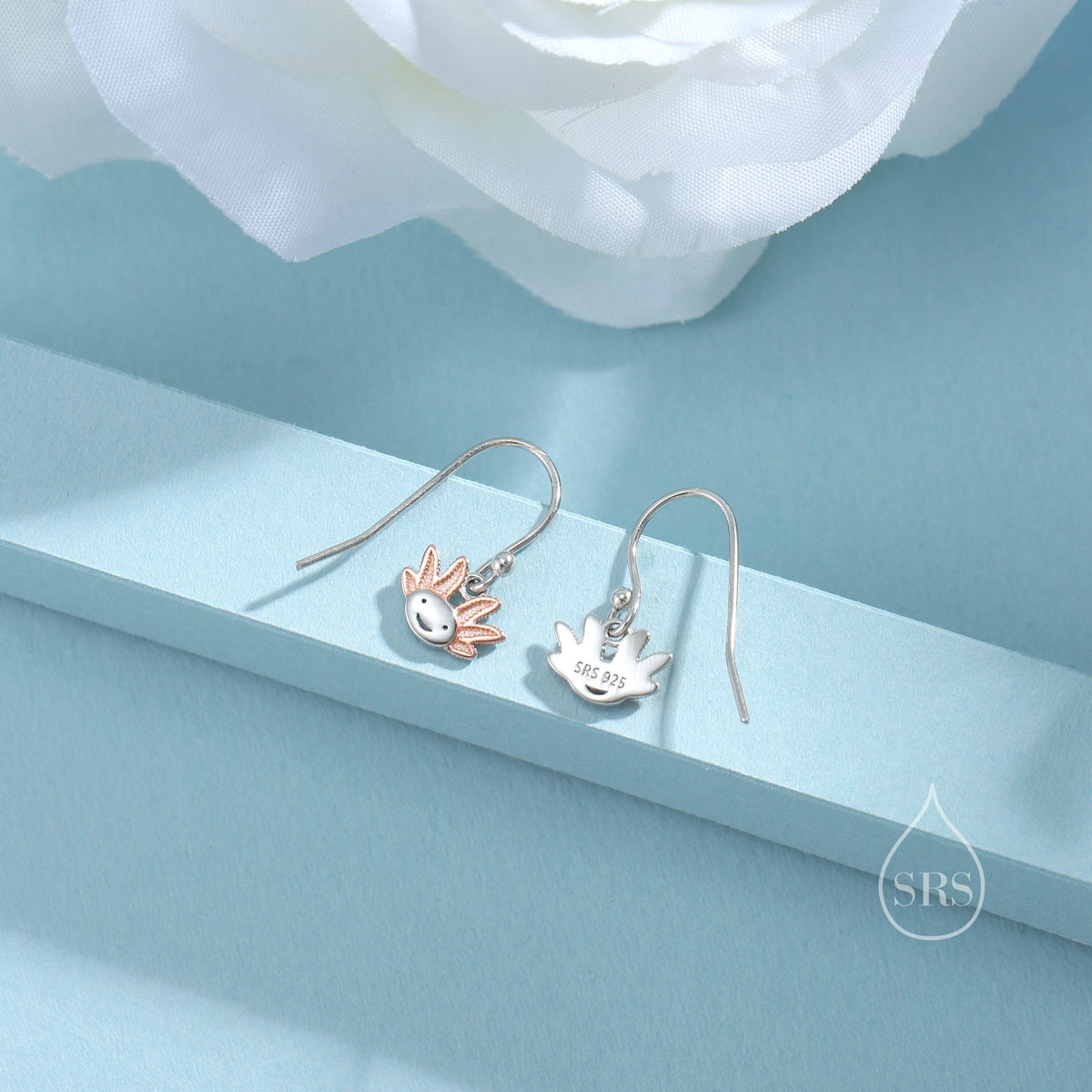 Axolotl Drop Hook Earrings in Sterling Silver - Sea Creature Dangle Drop Earrings - Pet Lover - Cute, Fun, Whimsical