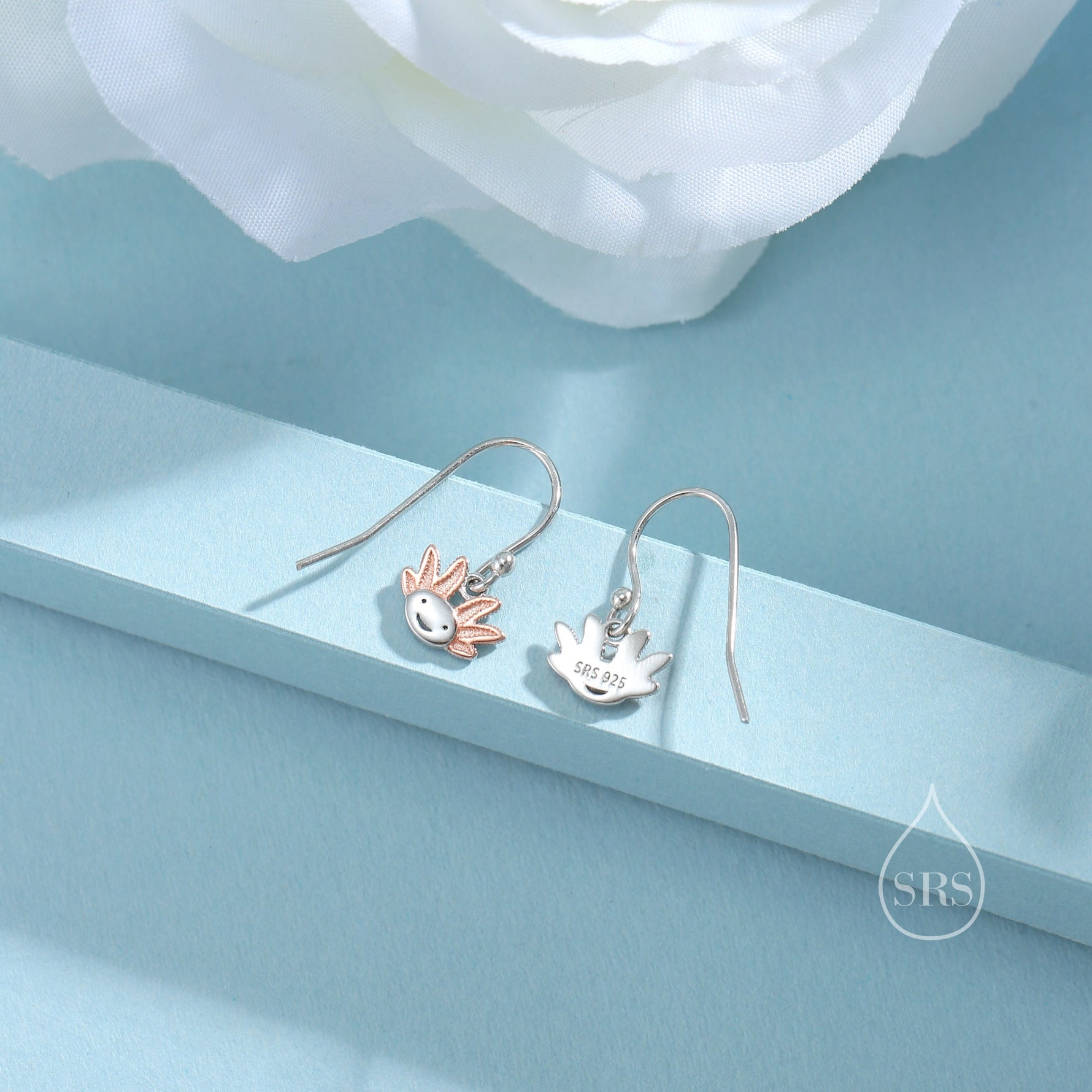 Axolotl Drop Hook Earrings in Sterling Silver - Sea Creature Dangle Drop Earrings - Pet Lover - Cute, Fun, Whimsical
