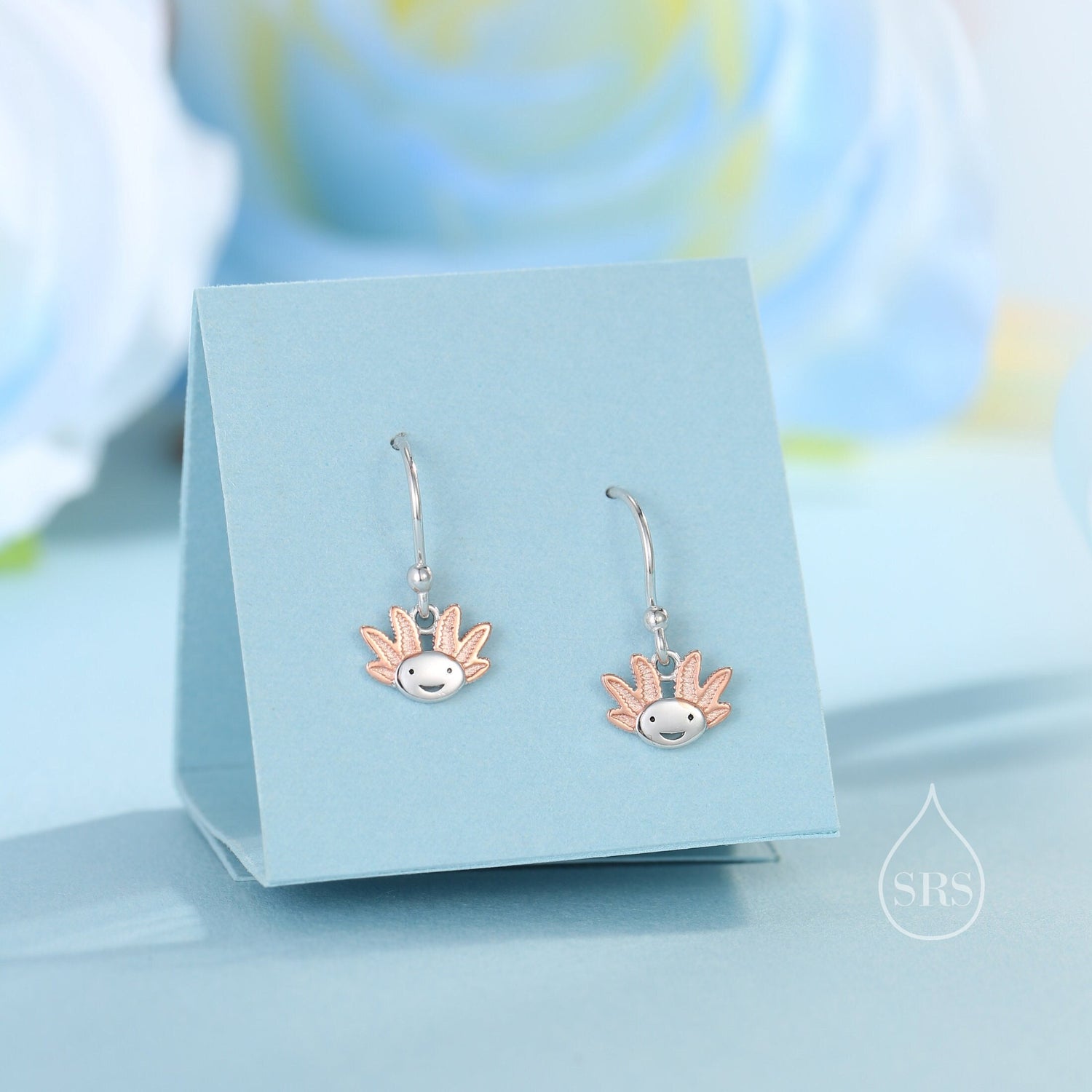 Axolotl Drop Hook Earrings in Sterling Silver - Sea Creature Dangle Drop Earrings - Pet Lover - Cute, Fun, Whimsical