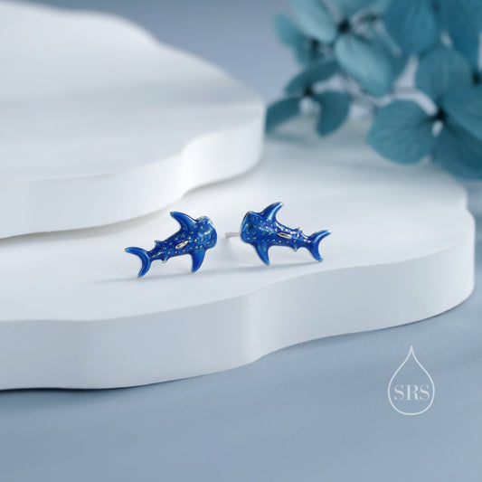 Very Tiny Whale Shark Stud Earrings in Sterling Silver with Hand Painted Enamel, Cute Whale Shark Earrings