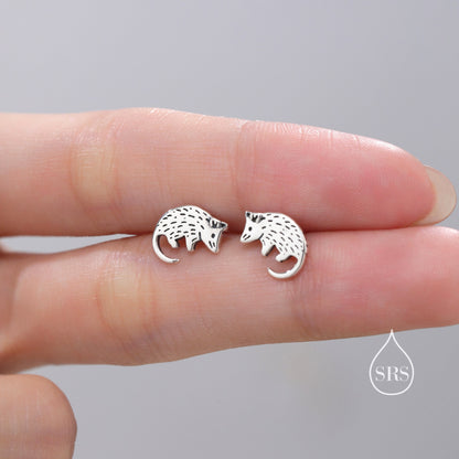 Tiny Opposum Stud Earrings in Sterling Silver, Silver or Gold or Rose Gold, Cute Opposum Mouse Earrings, Silver Rodent Earrings