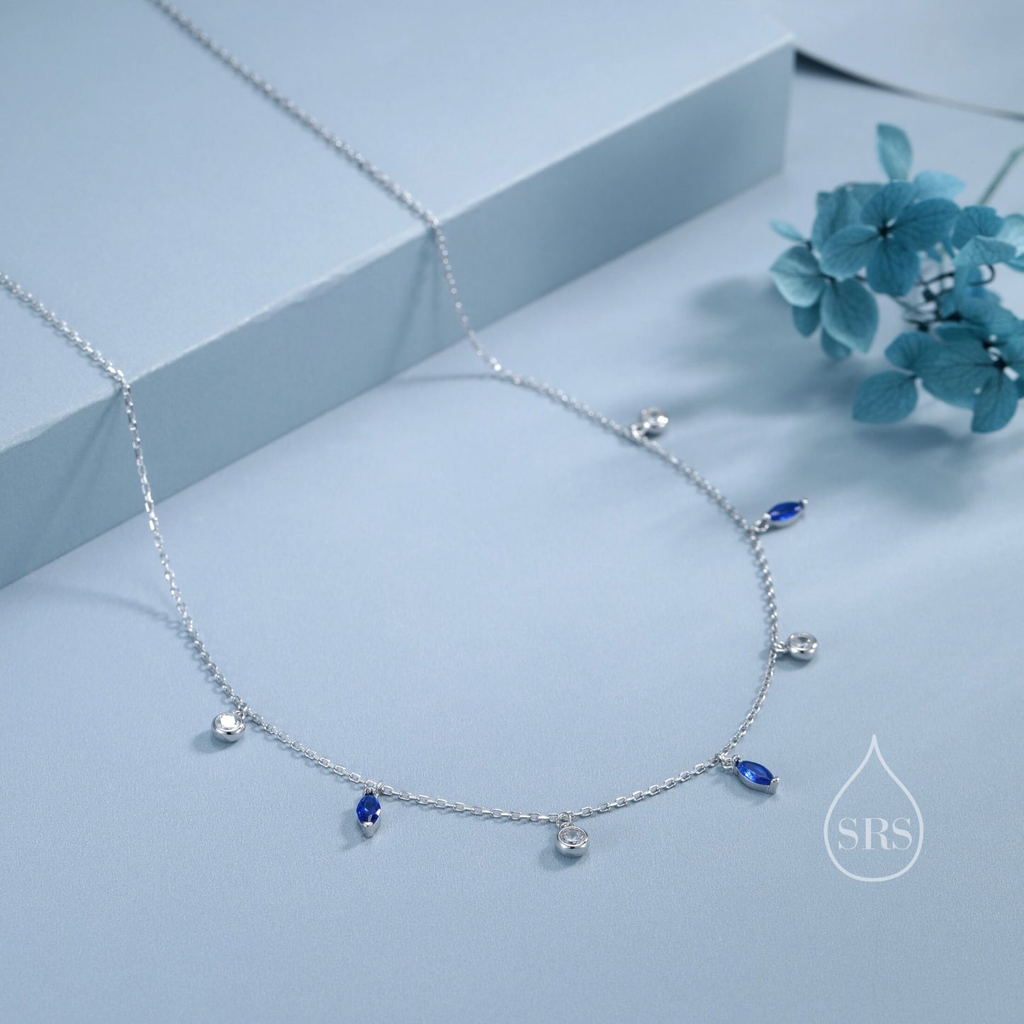 Sapphire Blue Marquise CZ Dangle Necklace in Sterling Silver, Silver or Gold, Satellite Crystal Necklace, Solid Silver Motif Necklace