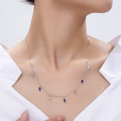 Sapphire Blue Marquise CZ Dangle Necklace in Sterling Silver, Silver or Gold, Satellite Crystal Necklace, Solid Silver Motif Necklace