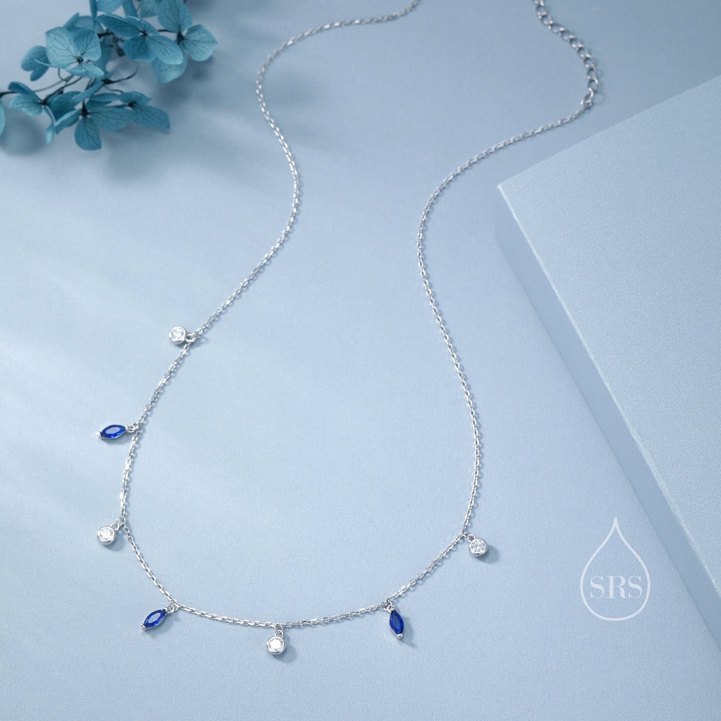 Sapphire Blue Marquise CZ Dangle Necklace in Sterling Silver, Silver or Gold, Satellite Crystal Necklace, Solid Silver Motif Necklace