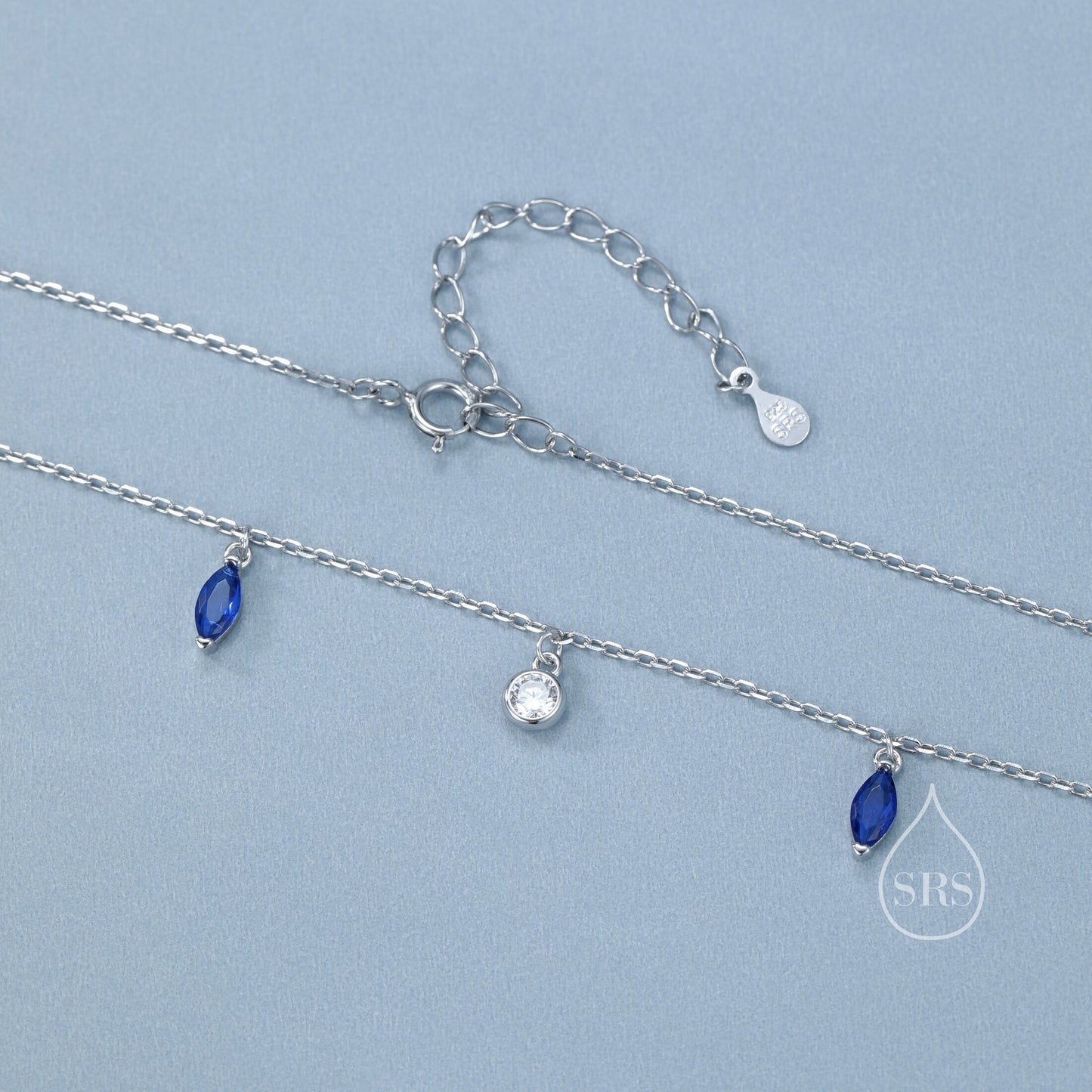 Sapphire Blue Marquise CZ Dangle Necklace in Sterling Silver, Silver or Gold, Satellite Crystal Necklace, Solid Silver Motif Necklace