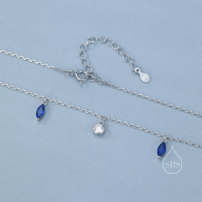 Sapphire Blue Marquise CZ Dangle Necklace in Sterling Silver, Silver or Gold, Satellite Crystal Necklace, Solid Silver Motif Necklace